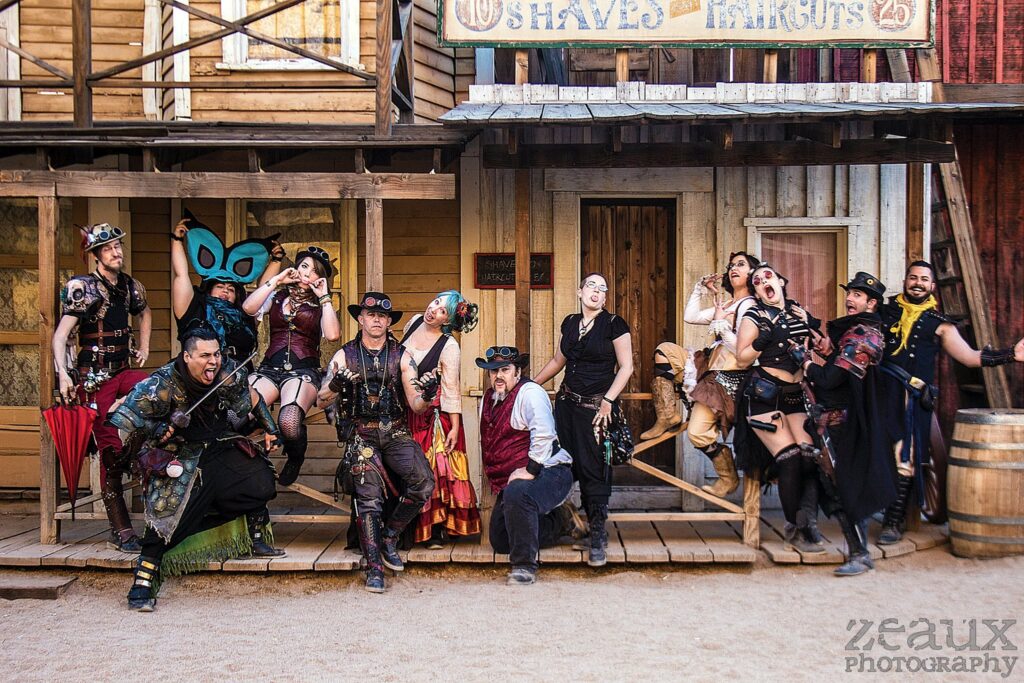 Airship Isabella, Cedric and Eevie's leather builders group in 2014 at Wild Wild West Con in Arizona.